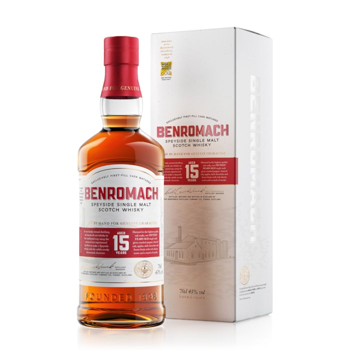 ვისკი Benromach Speyside Single Malt Scotch 15 Y.O. (ყუთით) 43% - 0.7ლ